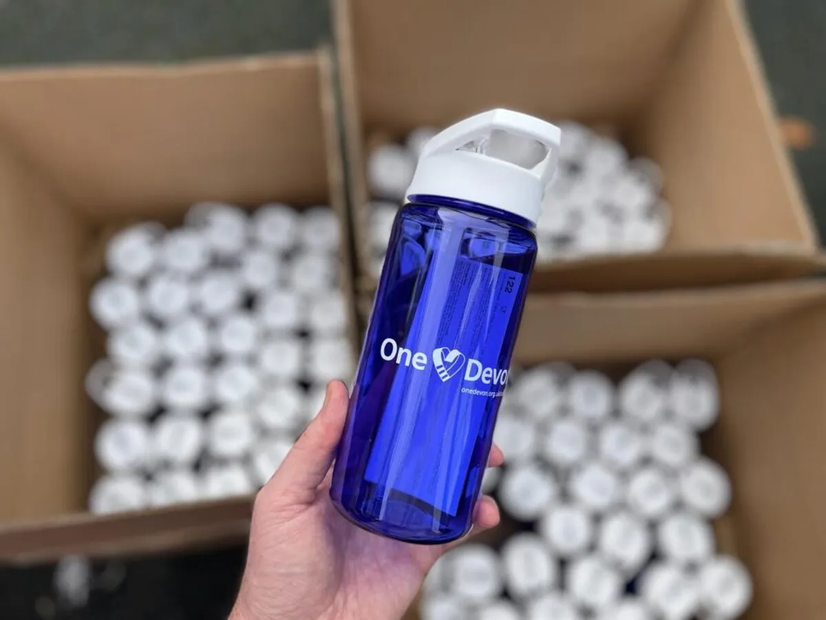 One Devon blue water bottles with white lid - Print Ready