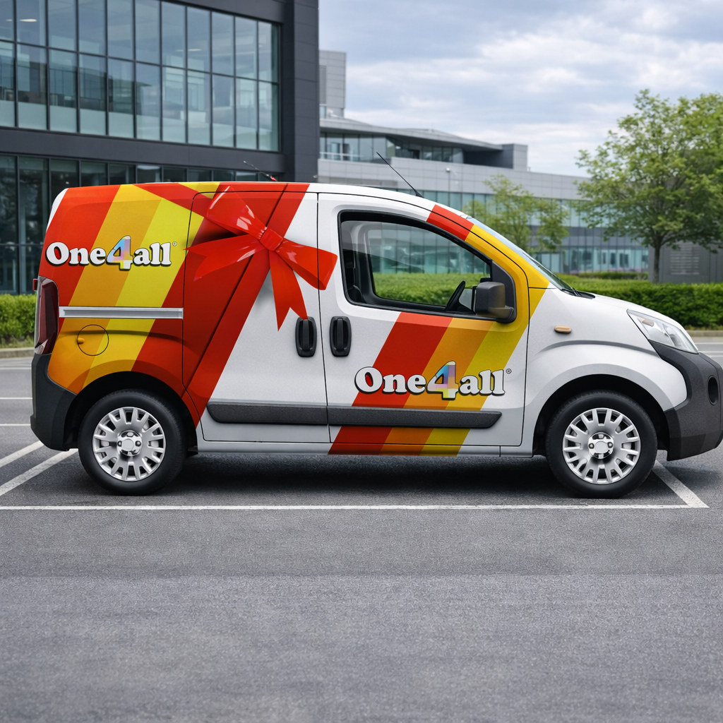 One4all gift card van with a bold partial wrap