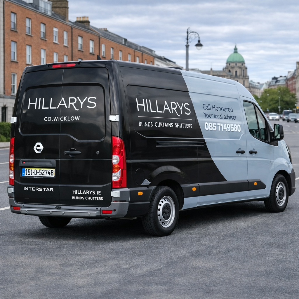 Hillarys of Wicklow van with black and grey full wrap on a Dublin street