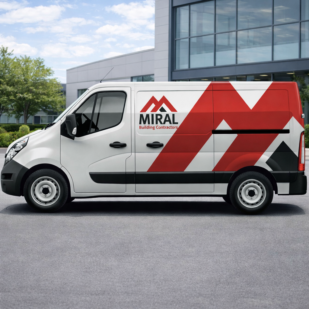 MIRAL building contractors van with a red full wrap