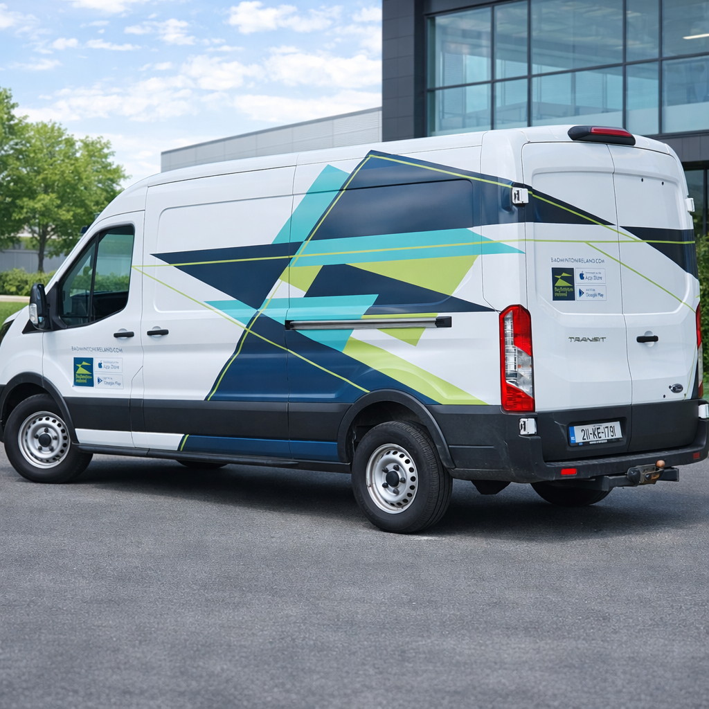 White Transit van with a geometric partial wrap in blue and green