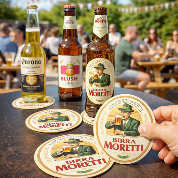 Round Birra Moretti beermats beside beer bottles in a beer garden