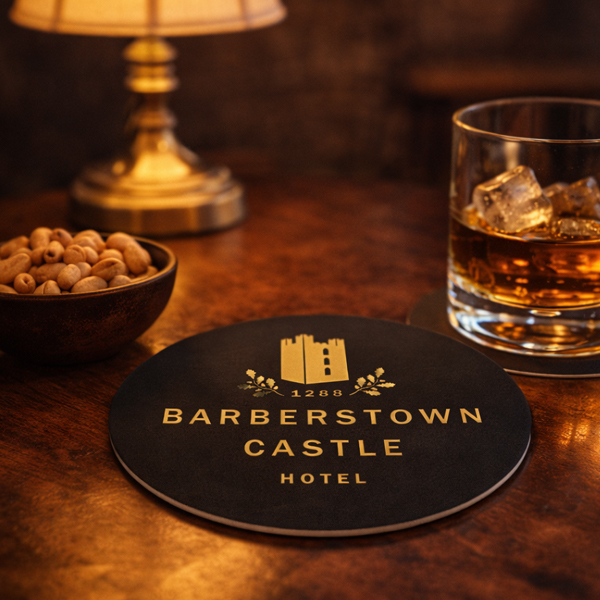 Round Barberstown Castle Hotel beermat beside a whiskey glass