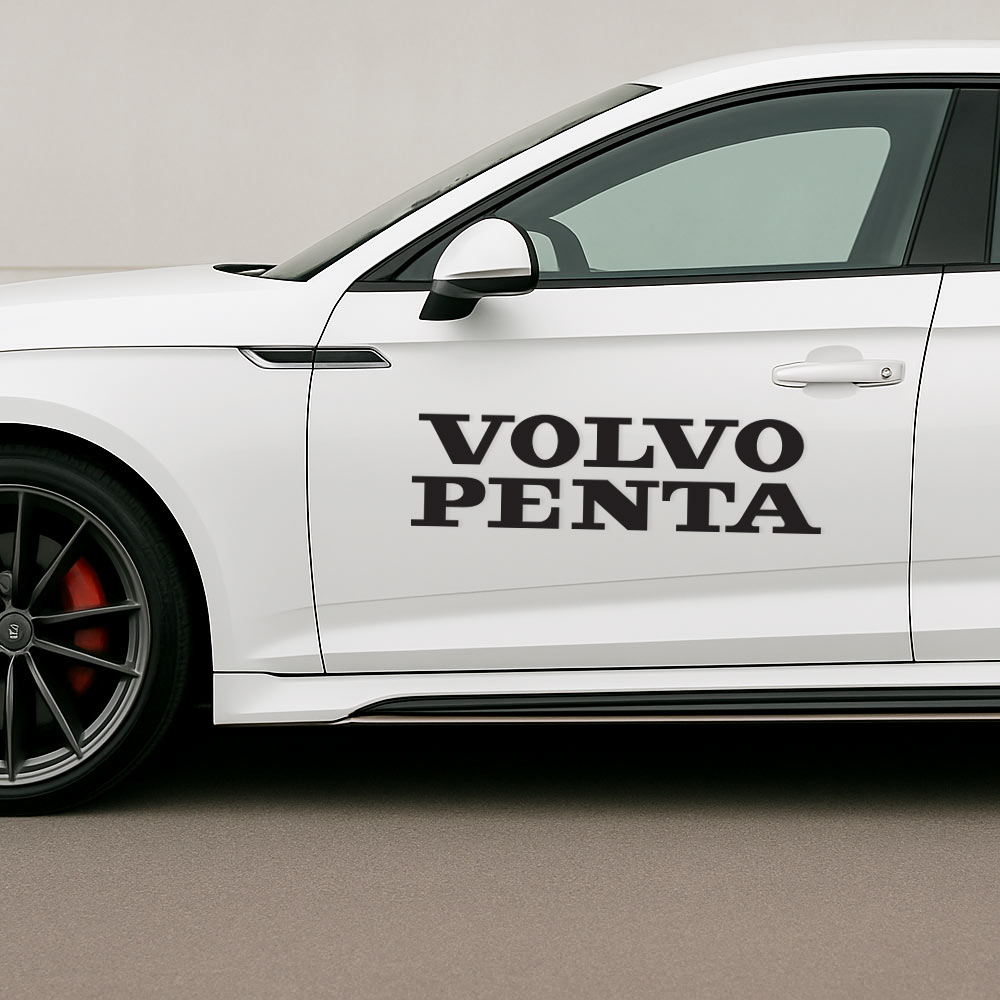 Volvo Penta klistremerker montert på hvit bil